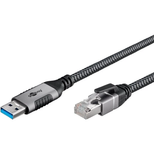 Goobay Ethernet-Kabel USB-A 3.2 Gen1 Stecker > RJ-45 Stecker, LAN-Adapter (schwarz/silber, 10 Meter, Geflochtener Textilmantel)