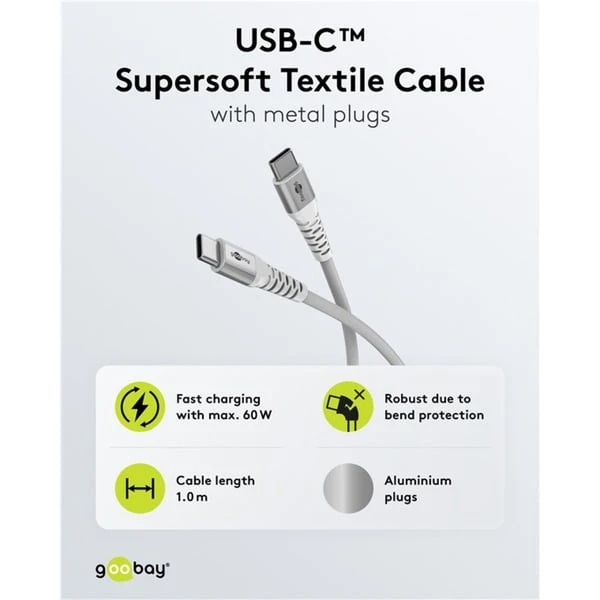 Goobay Supersoftes USB 2.0 Textilkabel, USB-C Stecker > USB-C Stecker (weiß, 3 Meter) – Bild 6